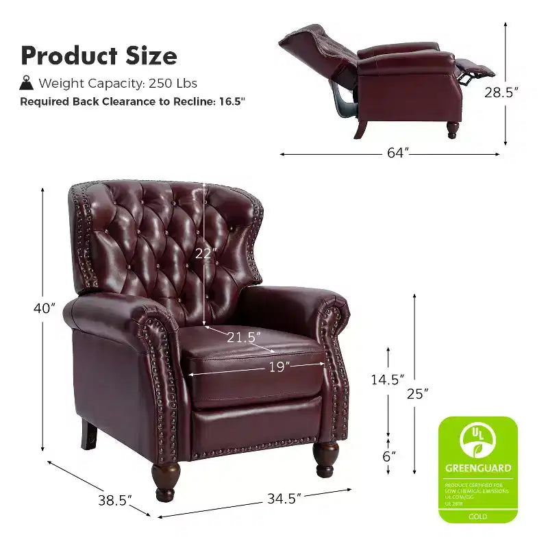 Ensemble de 2 fauteuils inclinables en bois et cuir véritable avec clous décoratifs pour salon et chambre
