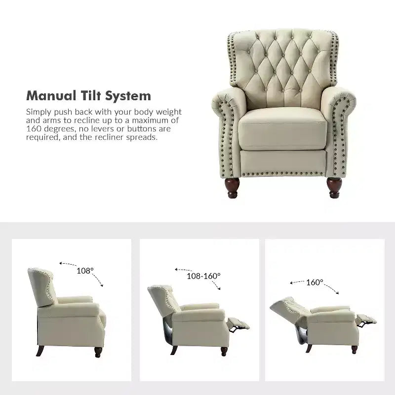 Ensemble de 2 fauteuils inclinables en bois et cuir véritable avec clous décoratifs pour salon et chambre