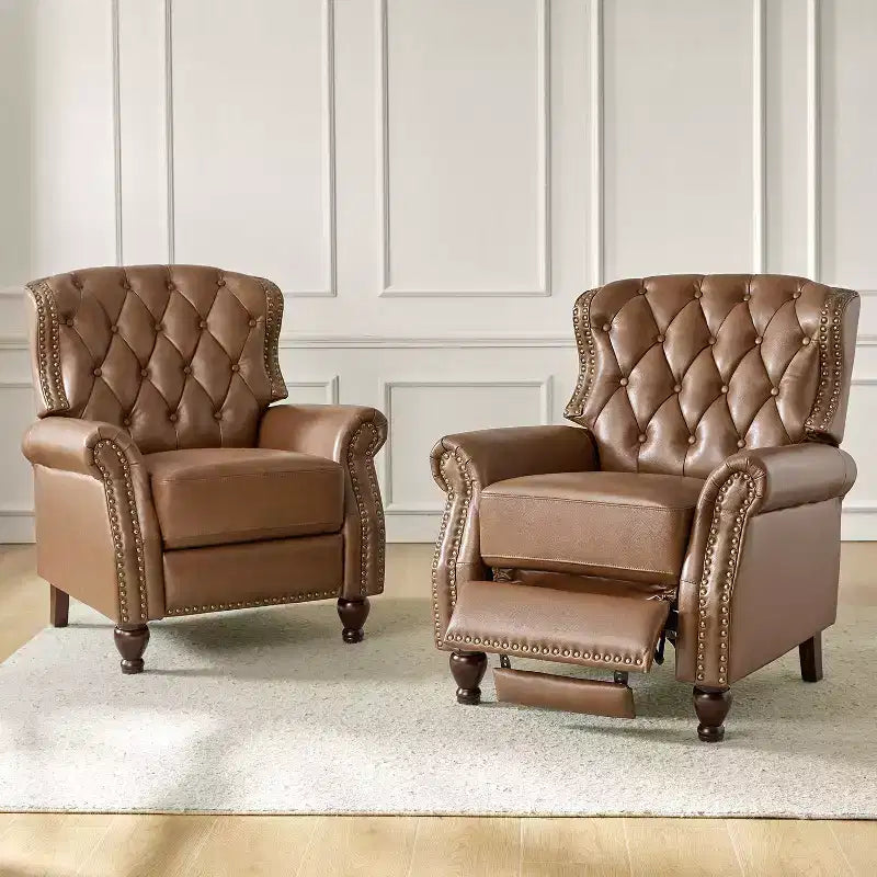 Ensemble de 2 fauteuils inclinables en bois et cuir véritable avec clous décoratifs pour salon et chambre