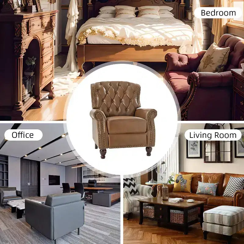 Ensemble de 2 fauteuils inclinables en bois et cuir véritable avec clous décoratifs pour salon et chambre