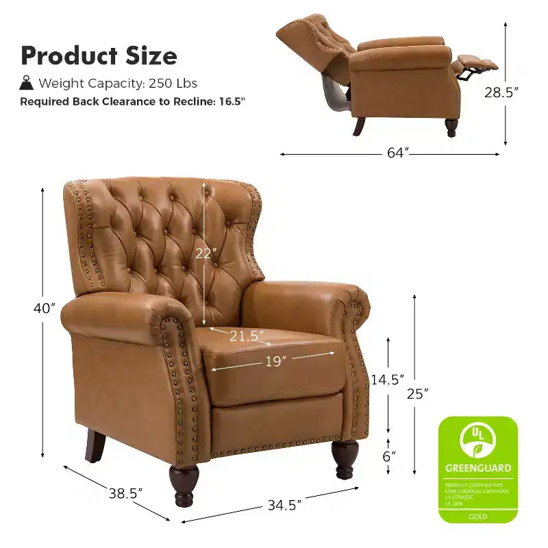 Ensemble de 2 fauteuils inclinables en bois et cuir véritable avec clous décoratifs pour salon et chambre