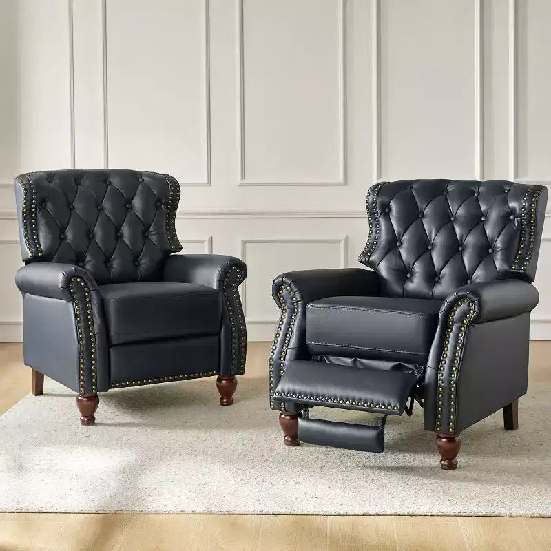 Ensemble de 2 fauteuils inclinables en bois et cuir véritable avec clous décoratifs pour salon et chambre