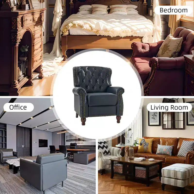 Ensemble de 2 fauteuils inclinables en bois et cuir véritable avec clous décoratifs pour salon et chambre