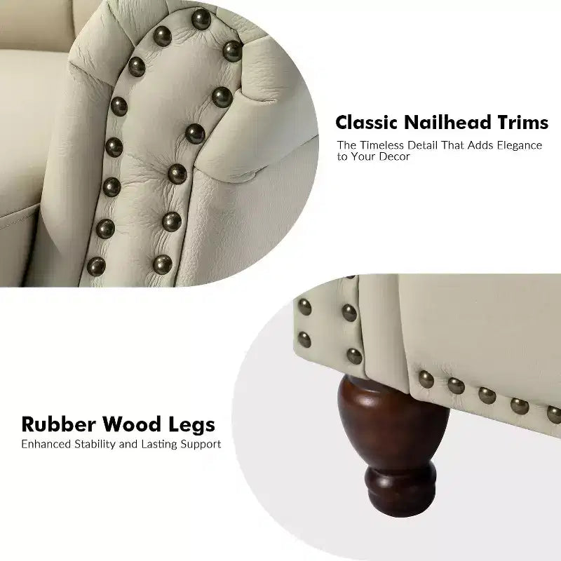 Ensemble de 2 fauteuils inclinables en bois et cuir véritable avec clous décoratifs pour salon et chambre