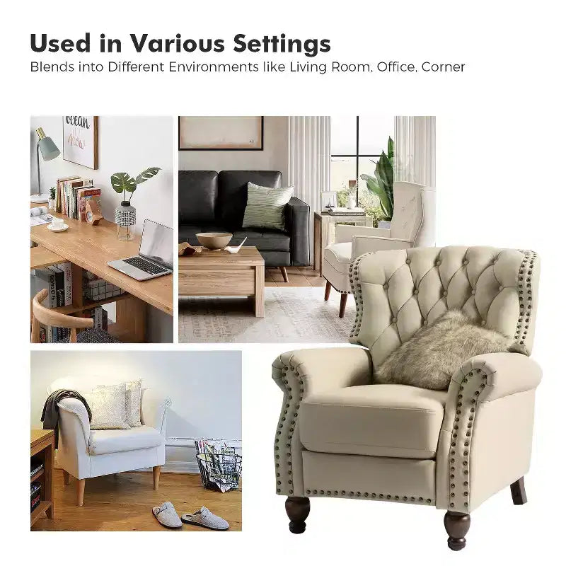 Ensemble de 2 fauteuils inclinables en bois et cuir véritable avec clous décoratifs pour salon et chambre