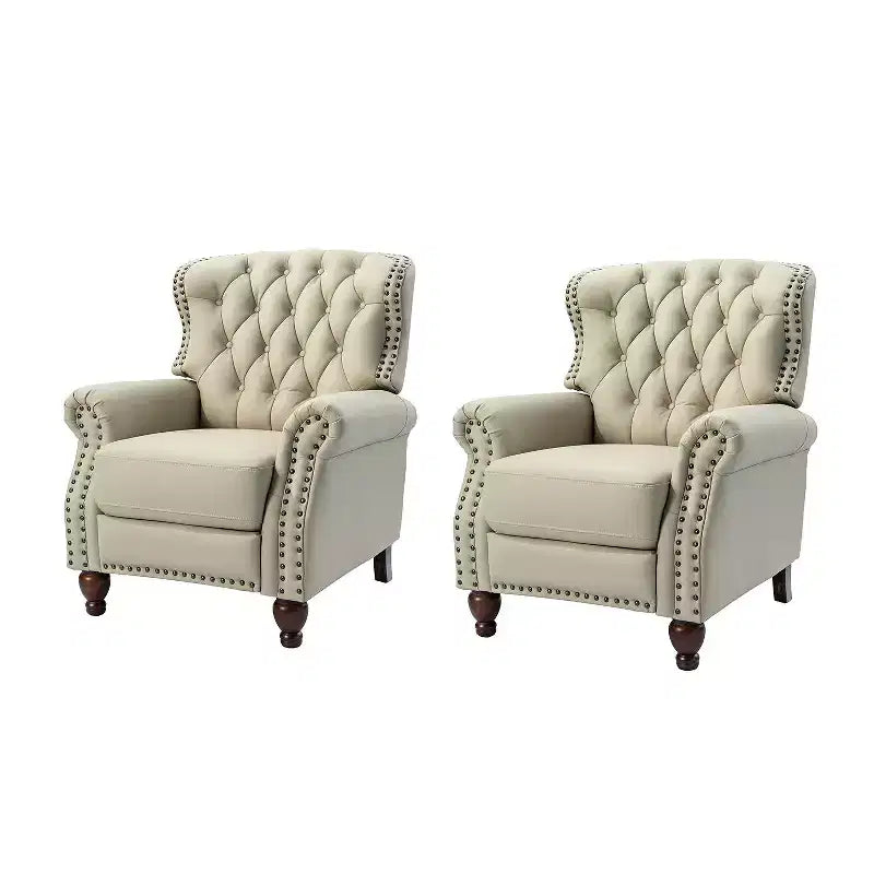 Ensemble de 2 fauteuils inclinables en bois et cuir véritable avec clous décoratifs pour salon et chambre