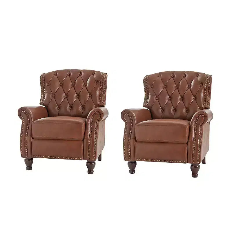 Ensemble de 2 fauteuils inclinables en bois et cuir véritable avec clous décoratifs pour salon et chambre