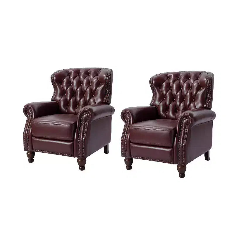 Ensemble de 2 fauteuils inclinables en bois et cuir véritable avec clous décoratifs pour salon et chambre