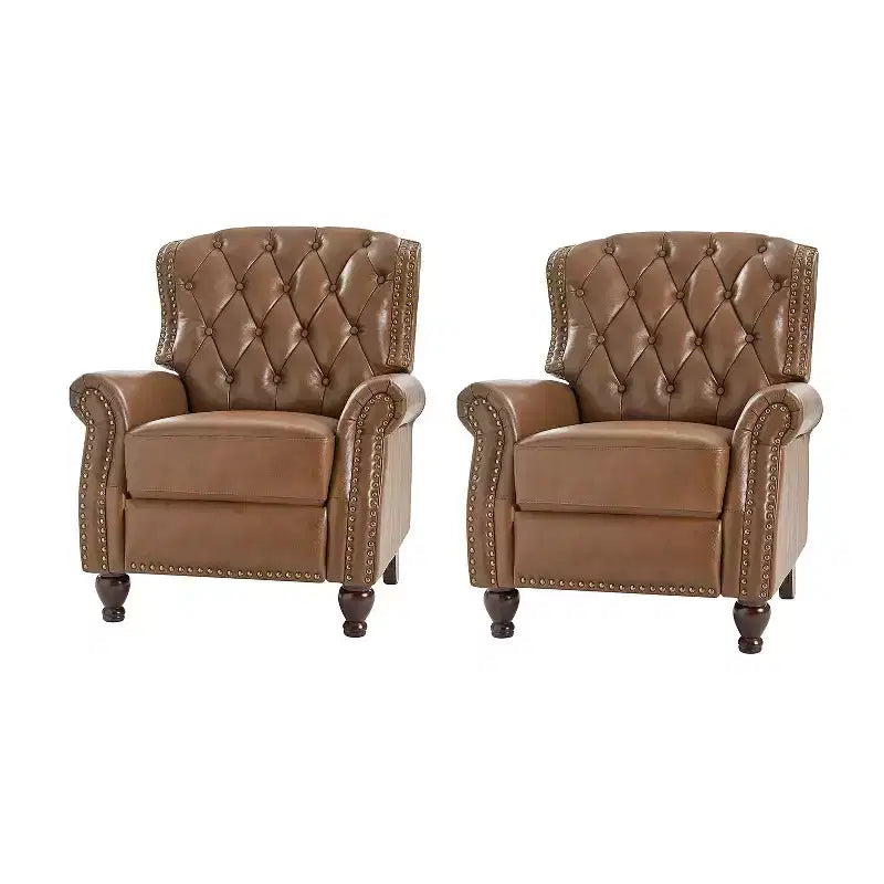 Ensemble de 2 fauteuils inclinables en bois et cuir véritable avec clous décoratifs pour salon et chambre