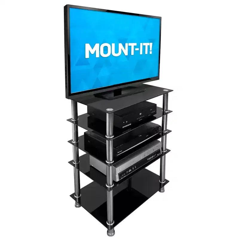 Meuble TV/Hi-Fi en verre trempé avec 5 étagères, capacité totale de 100 kg, étagères noires et pieds chromés