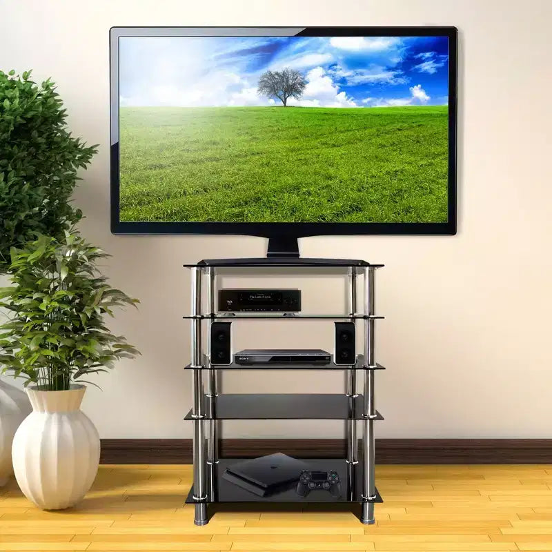 Meuble TV/Hi-Fi en verre trempé avec 5 étagères, capacité totale de 100 kg, étagères noires et pieds chromés