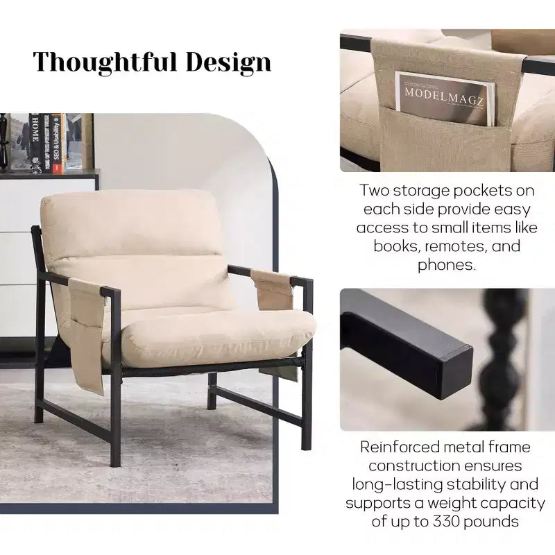 Fauteuil d'appoint rembourré Sling avec cadre en métal de style moderne