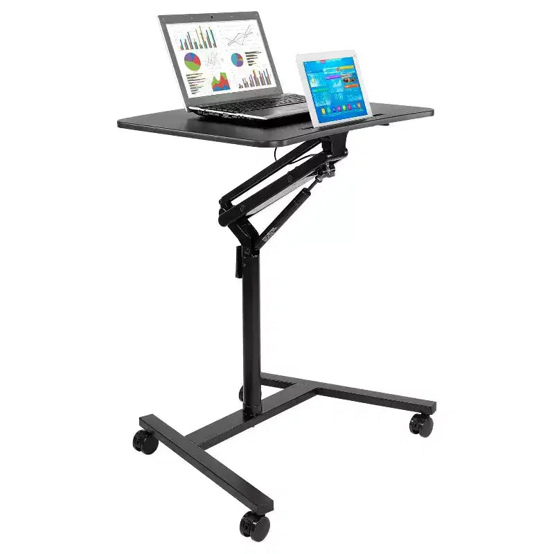 Bureau portable assis-debout | Poste de travail roulant réglable en hauteur avec roulettes | 68 cm de large avec mécanisme de vérin à gaz | Noir