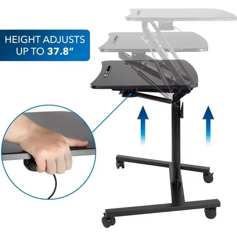 Bureau portable assis-debout | Poste de travail roulant réglable en hauteur avec roulettes | 68 cm de large avec mécanisme de vérin à gaz | Noir