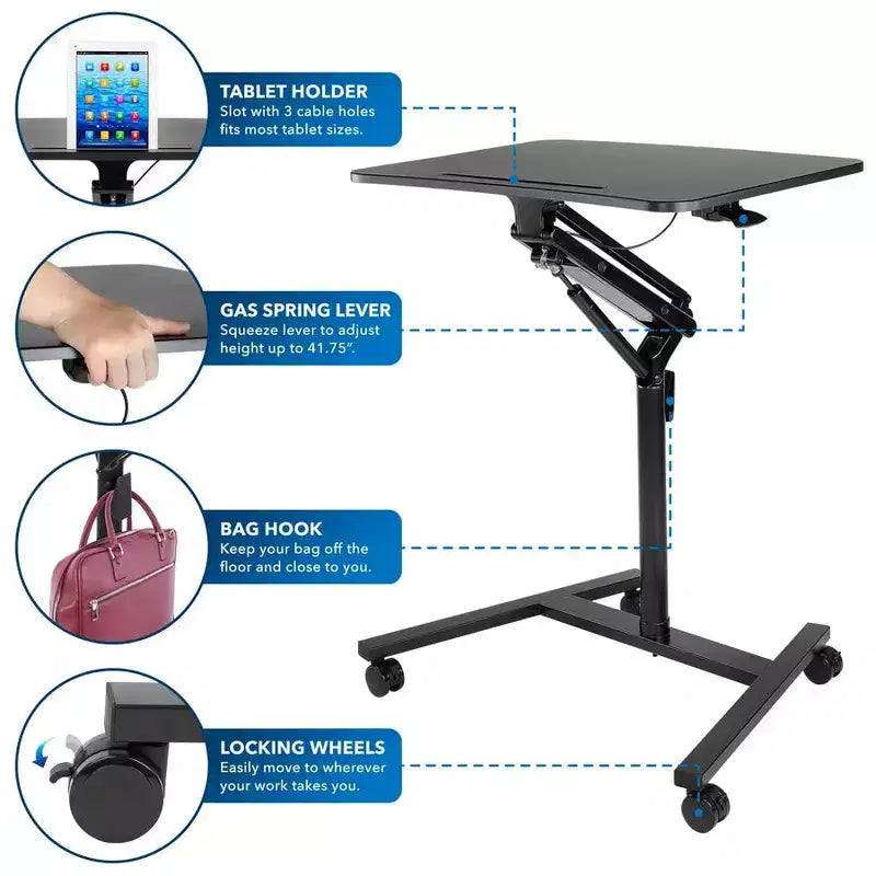 Bureau portable assis-debout | Poste de travail roulant réglable en hauteur avec roulettes | 68 cm de large avec mécanisme de vérin à gaz | Noir