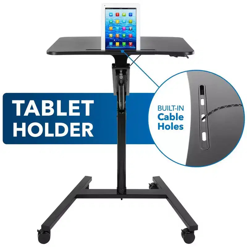 Bureau portable assis-debout | Poste de travail roulant réglable en hauteur avec roulettes | 68 cm de large avec mécanisme de vérin à gaz | Noir