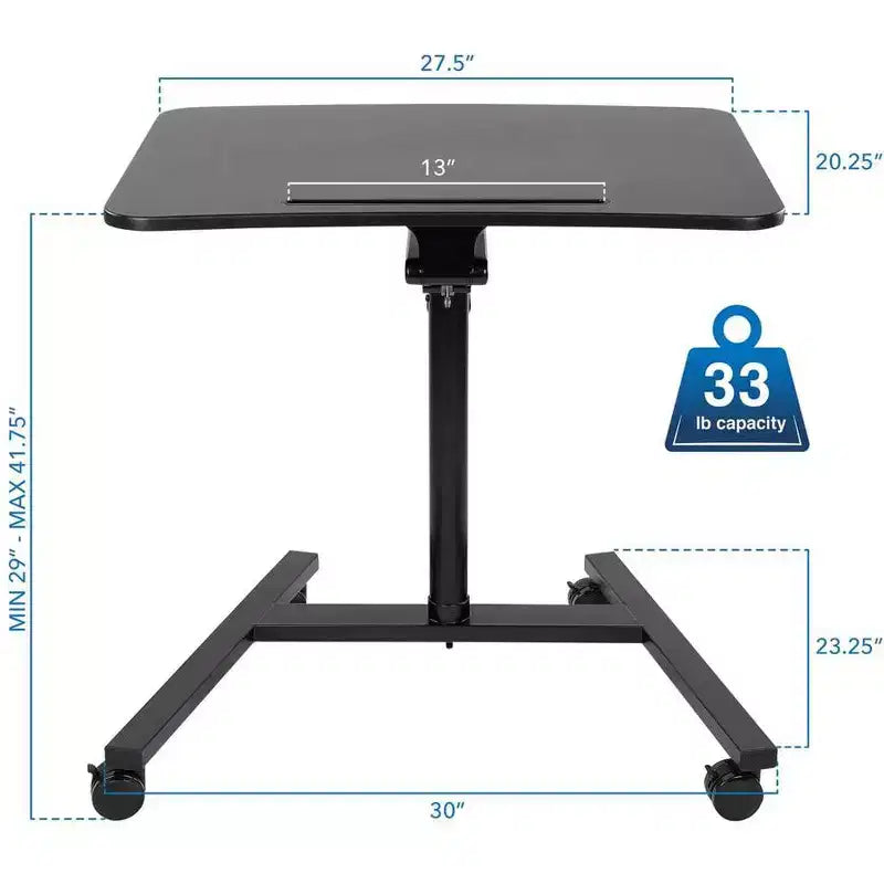 Bureau portable assis-debout | Poste de travail roulant réglable en hauteur avec roulettes | 68 cm de large avec mécanisme de vérin à gaz | Noir